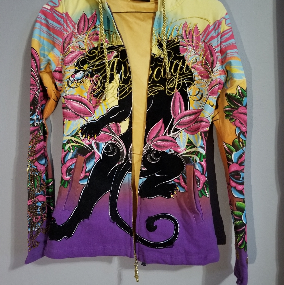Christian Audigier Black Panther Drawstring Hoodie Zip-Up Jacket